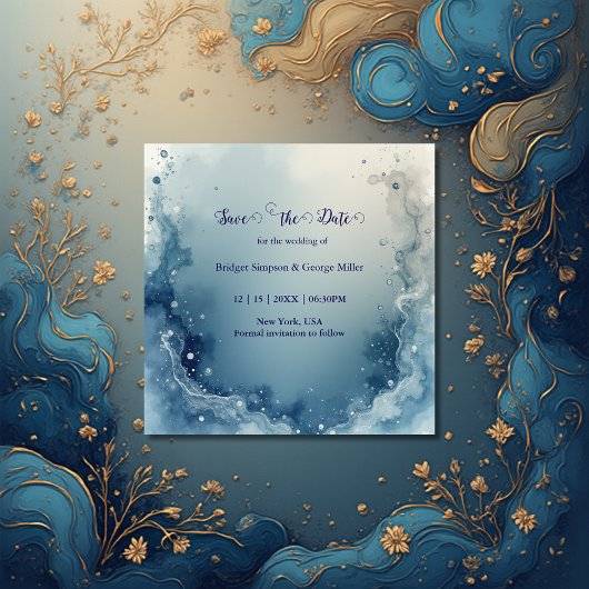 blue white Dreamy coastal marble ink wedding Save The Date