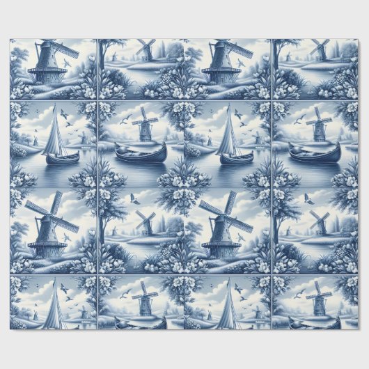 Blue & White Dutch Landscape Pattern • Tile-Inspir Cadeaupapier (Vlak)