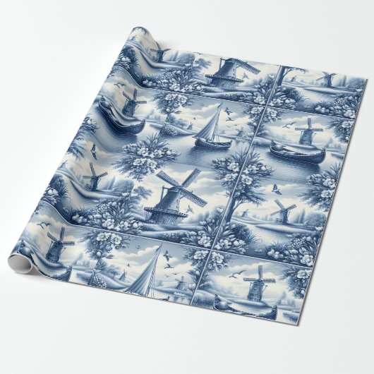 Blue & White Dutch Landscape Pattern • Tile-Inspir Cadeaupapier (Uitgerold)