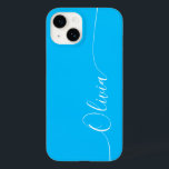 Blue White Elegant Calligraphy Script Name Case-Mate iPhone 14 Hoesje<br><div class="desc">Blue White Elegant Calligraphy Script Custom Personalized Name iPhone 14 Smart Phone Case kenmerkt een modern en trendy eenvoudig en stijlvol ontwerp met uw gepersonaliseerde naam in elegante handgeschreven kalligrafiekscript typografie op een blauwe achtergrond. Ontworpen door ©Evco Studio www.zazzle.com/store/evcostudio</div>