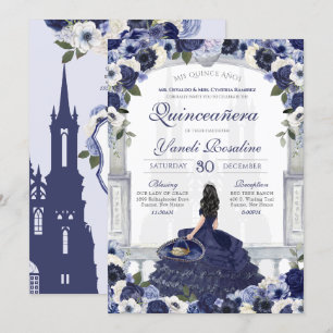 Blue White Elegant Charro Princess Quinceanera Kaart