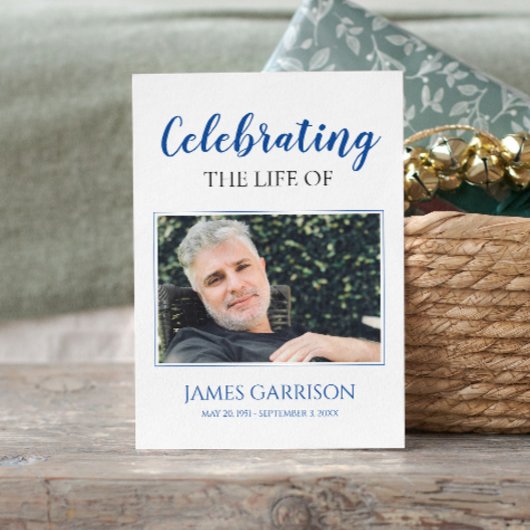 Blue White Elegant Funeral Prayer Card met foto Informatiekaartje