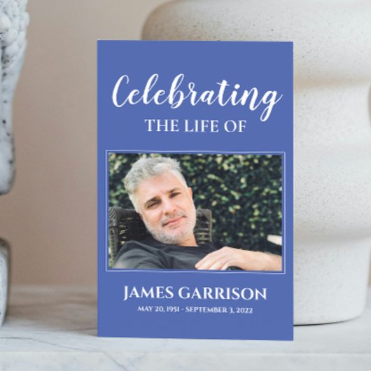 Blue White Elegant Funeral Prayer Card met foto Informatiekaartje