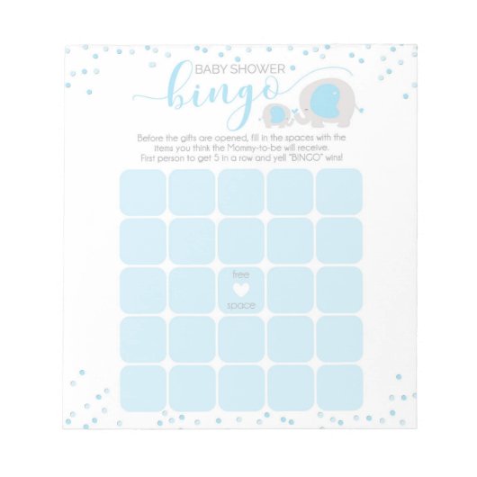 Blue White Elephant Boy Baby shower Bingo Notitieb Notitieblok (Voorkant)