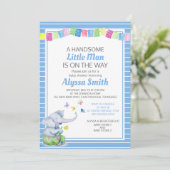 Blue White Elephant Butterflies Baby Boy Shower Kaart (Staand voorkant)