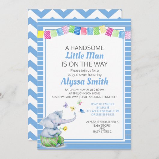 Blue White Elephant Butterflies Baby Boy Shower Kaart (Voorkant / Achterkant)
