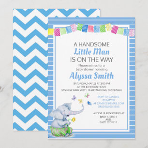 Blue White Elephant Butterflies Baby Boy Shower Kaart