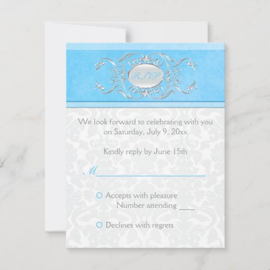 Blue, White en Grey Damask Reply Card Kaart (Voorkant)