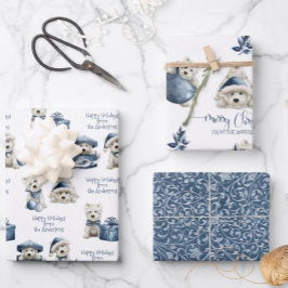 Blue White en Silver, White Festive Puppy Holiday Inpakpapier Vel