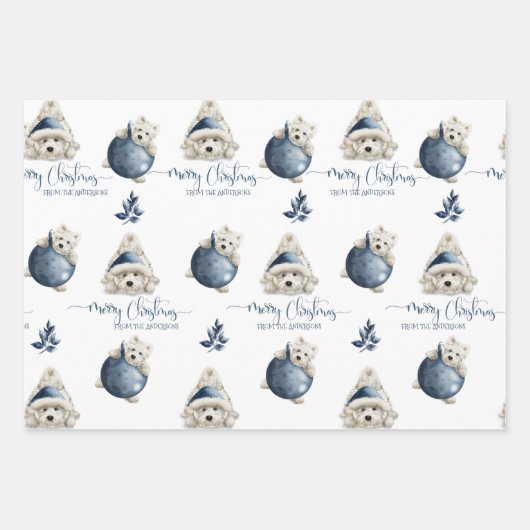 Blue White en Silver, White Festive Puppy Holiday Inpakpapier Vel (Voorkant 2)