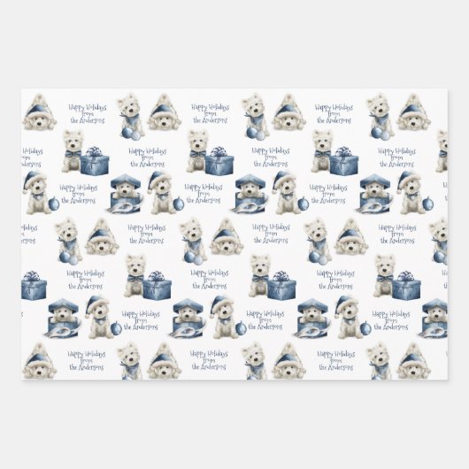 Blue White en Silver, White Festive Puppy Holiday Inpakpapier Vel (Voorkant)