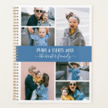 Blue White Family Foto Collage Planner<br><div class="desc">Stijlvolle planner die u kunt personaliseren met zes van uw eigen foto's in een minimalistische fotocollage. Pas verder met jouw naam of familienaam in witte kalligrafieleningen aan. Op de achterzijde ziet u een patroon van pikblauwe en witte strepen.</div>