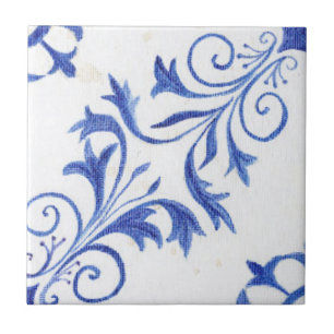 Blue White Farmhouse Rustic Scroll n Leaf Pattern  Tegeltje