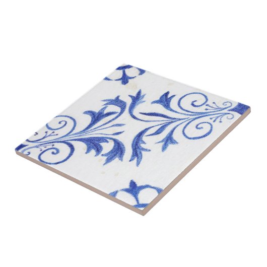 Blue White Farmhouse Rustic Scroll n Leaf Pattern Tegeltje (Zijkant)