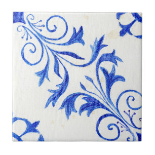Blue White Farmhouse Rustic Scroll n Leaf Pattern Tegeltje
