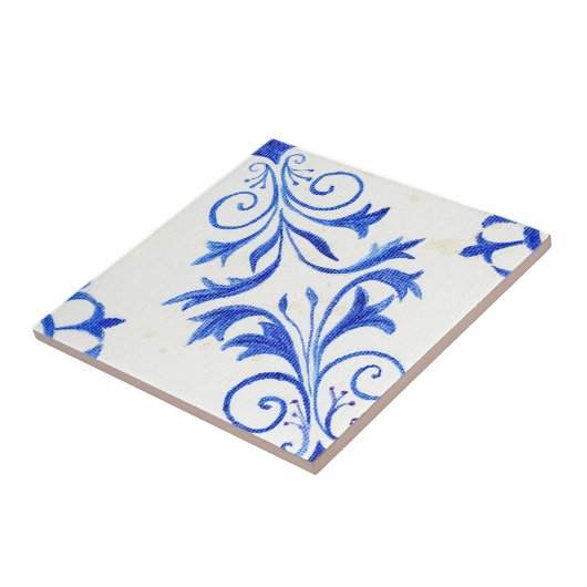 Blue White Farmhouse Rustic Scroll n Leaf Pattern Tegeltje (Zijkant)
