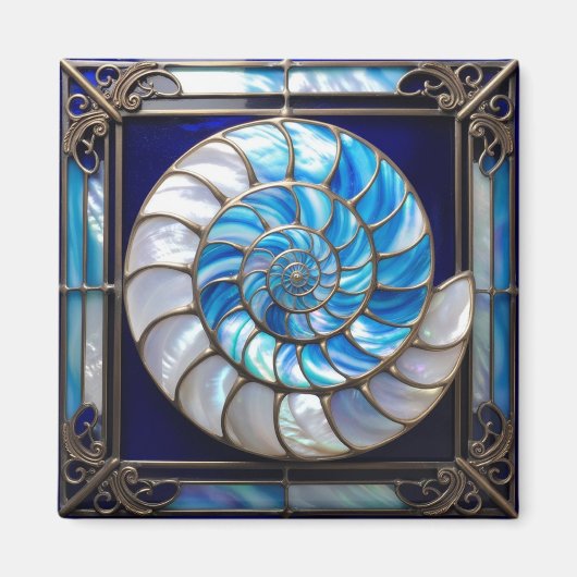 Blue/White Faux Stained-Glass Nautilus Shell 2 Magneet (Voorkant)
