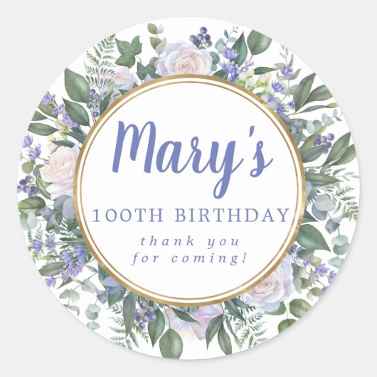 Blue White Floral 100th Birthday Hartelijk dank Ronde Sticker (Voorkant)