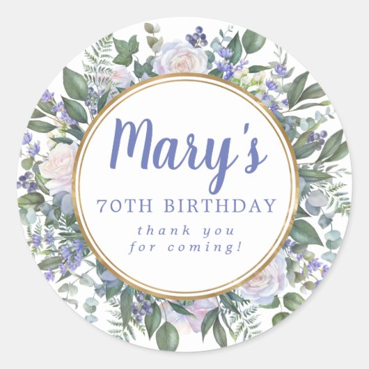 Blue White Floral 70th Birthday Hartelijk dank Ronde Sticker (Voorkant)