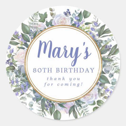 Blue White Floral 80th Birthday Hartelijk dank Ronde Sticker (Voorkant)