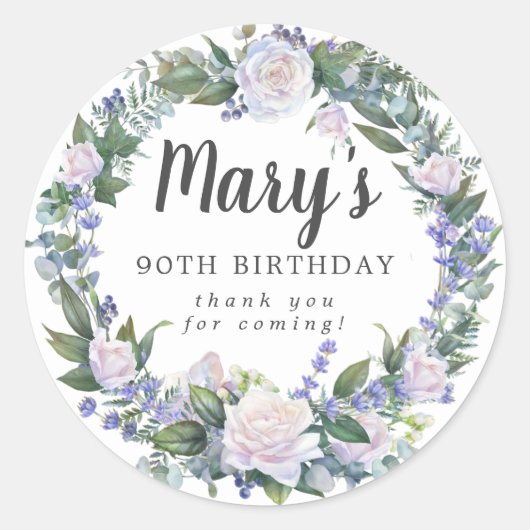 Blue White Floral 90th Birthday Hartelijk dank Ronde Sticker (Voorkant)