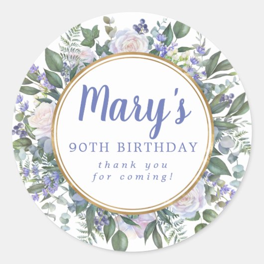 Blue White Floral 90th Birthday Hartelijk dank Ronde Sticker (Voorkant)