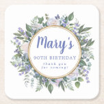 Blue White Floral 90th Birthday Party Kartonnen Onderzetters<br><div class="desc">Witte rozen en blauwe bloemen creëer een mooi en elegant bloemig lijst. De naam van de verjaardagsvrouw wordt geschreven in een grote blauwe manuscriptdoopvont. 90ste verjaardag en de dankbetuigingen volgen. Ze zijn ook blauw. Een dubbel gouden lijst definieert de binnenkant van het blote lijst Dit verjaardagsonderzetter maakt deel uit van...</div>