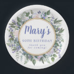 Blue White Floral 90th Birthday Party Papieren Bordje<br><div class="desc">Witte rozen en blauwe bloemen creëer een mooi en elegant bloemig lijst. De naam van de verjaardagsvrouw wordt geschreven in een grote blauwe manuscriptdoopvont. 90ste verjaardag en de dankbetuigingen volgen. Ze zijn ook blauw. Een dubbel gouden lijst definieert de binnenkant van het blote lijst Dit verjaardagsartikel bord maakt deel uit...</div>