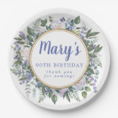 Blue White Floral 90th Birthday Party Papieren Bordje (Voorkant)