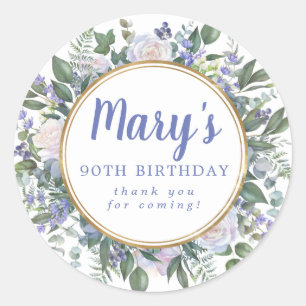 Blue White Floral 90th Birthday Ronde Sticker