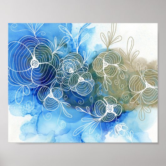 Blue White Floral Abstract 71 Poster (Voorkant)