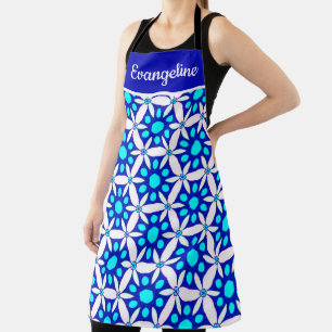 Blue White Floral All-Over Print Apron Schort