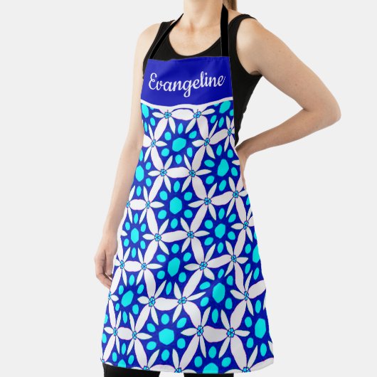 Blue White Floral All-Over Print Apron Schort (Insitu)