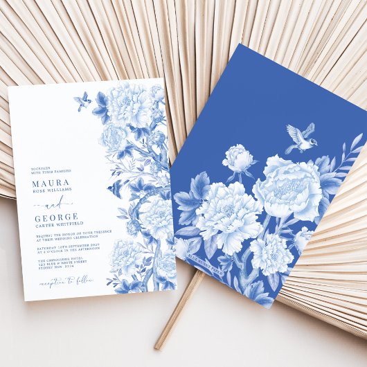Blue White Floral Birds Chinoiserie Garden Wedding Kaart