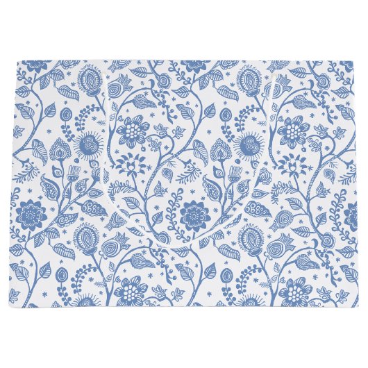 Blue White Floral Boho Botanical Pattern Whimsical Groot Cadeauzakje (Voorkant)
