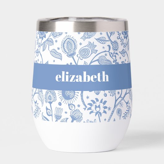 Blue White Floral Botanical Pattern Custom Name (Achterkant)