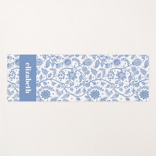Blue White Floral Botanical Pattern Custom Name Yogamat (Voorkant (horizontaal))