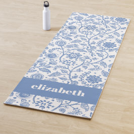 Blue White Floral Botanical Pattern Custom Name Yogamat