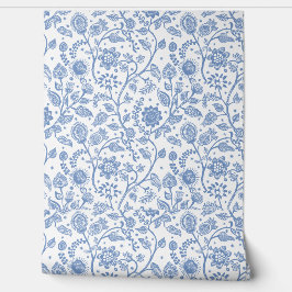 Blue White Floral Botanical Pattern Modern Boho Behang