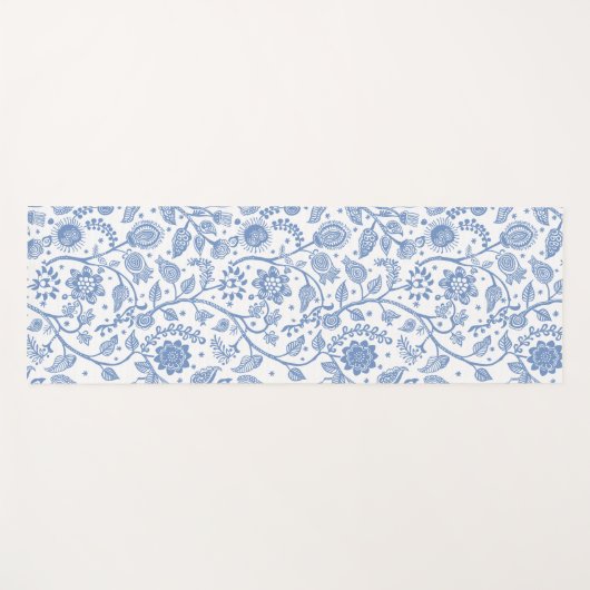Blue White Floral Botanical Pattern Whimsical Boho Yogamat (Voorkant (horizontaal))
