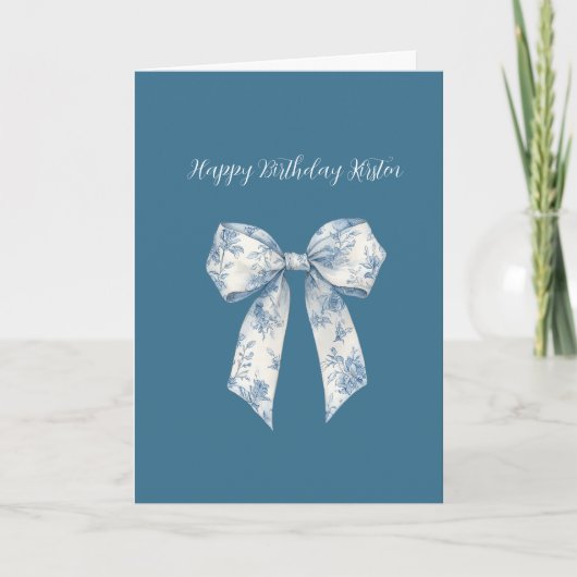 Blue White Floral Bow Birthday Kaart (Voorkant)