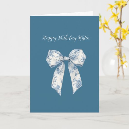 Blue White Floral Bow Birthday Kaart (Gele Bloem)