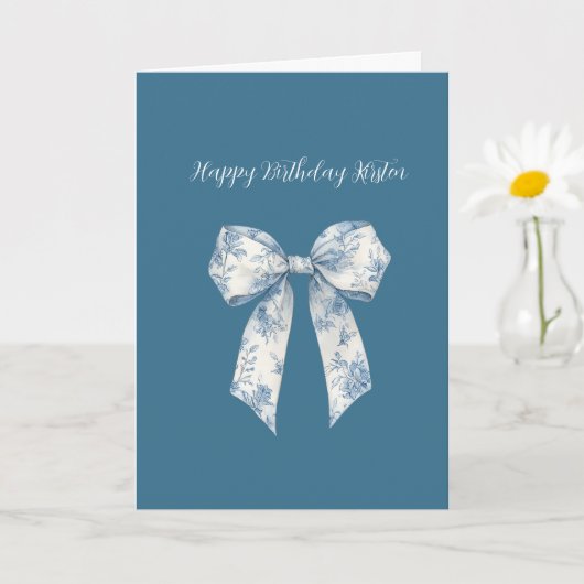 Blue White Floral Bow Birthday Kaart (Kleine Plant)
