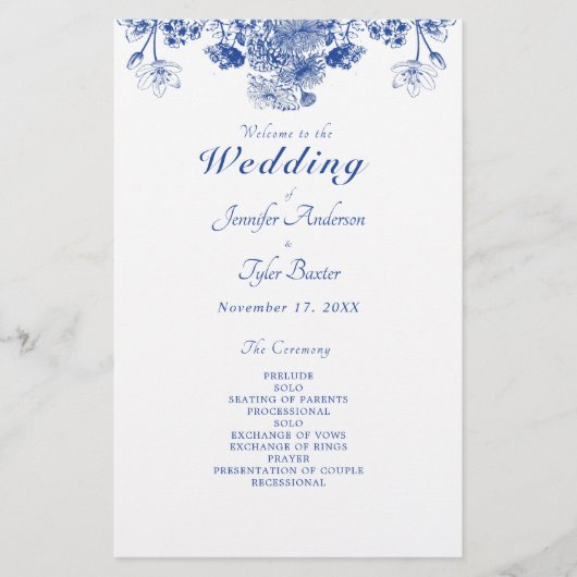 Blue & White Floral China Pattern Wedding Programm (Voorkant)