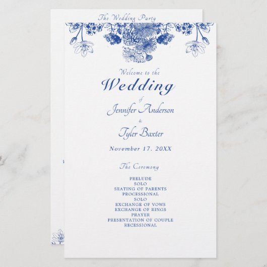 Blue & White Floral China Pattern Wedding Programm (Voorkant / Achterkant)