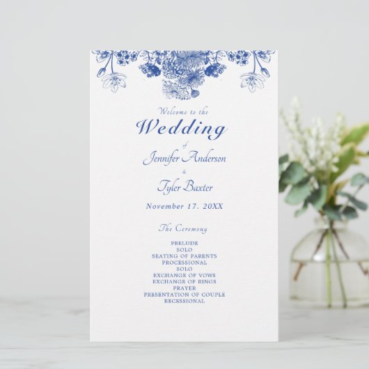 Blue & White Floral China Pattern Wedding Programm (Staand voorkant)