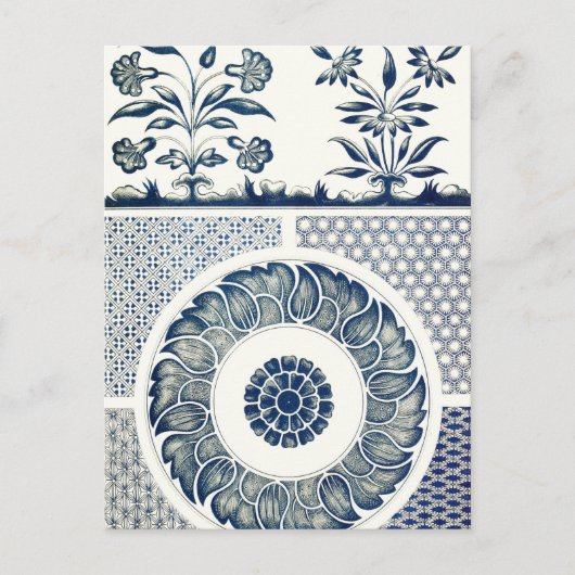 Blue White Floral Chinese Round Briefkaart (Voorkant)