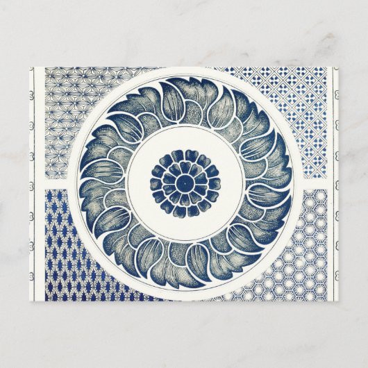 Blue White Floral Chinese Round Briefkaart (Voorkant)