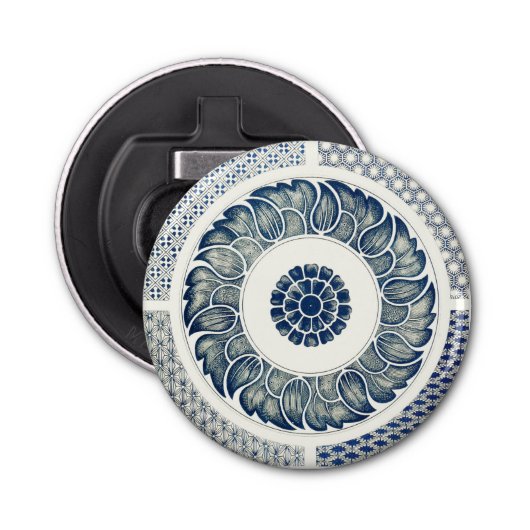 Blue White Floral Chinese Round Button Flesopener (Voorkant)