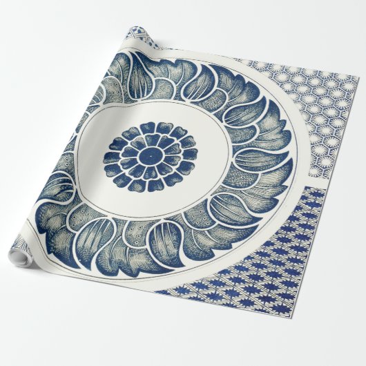 Blue White Floral Chinese Round Cadeaupapier (Uitgerold)